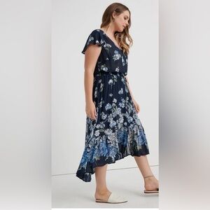 LUCKY BRAND Felice Dress Sz M V-Neck Midi Ditsy Floral Blue Cottagecore Romantic
